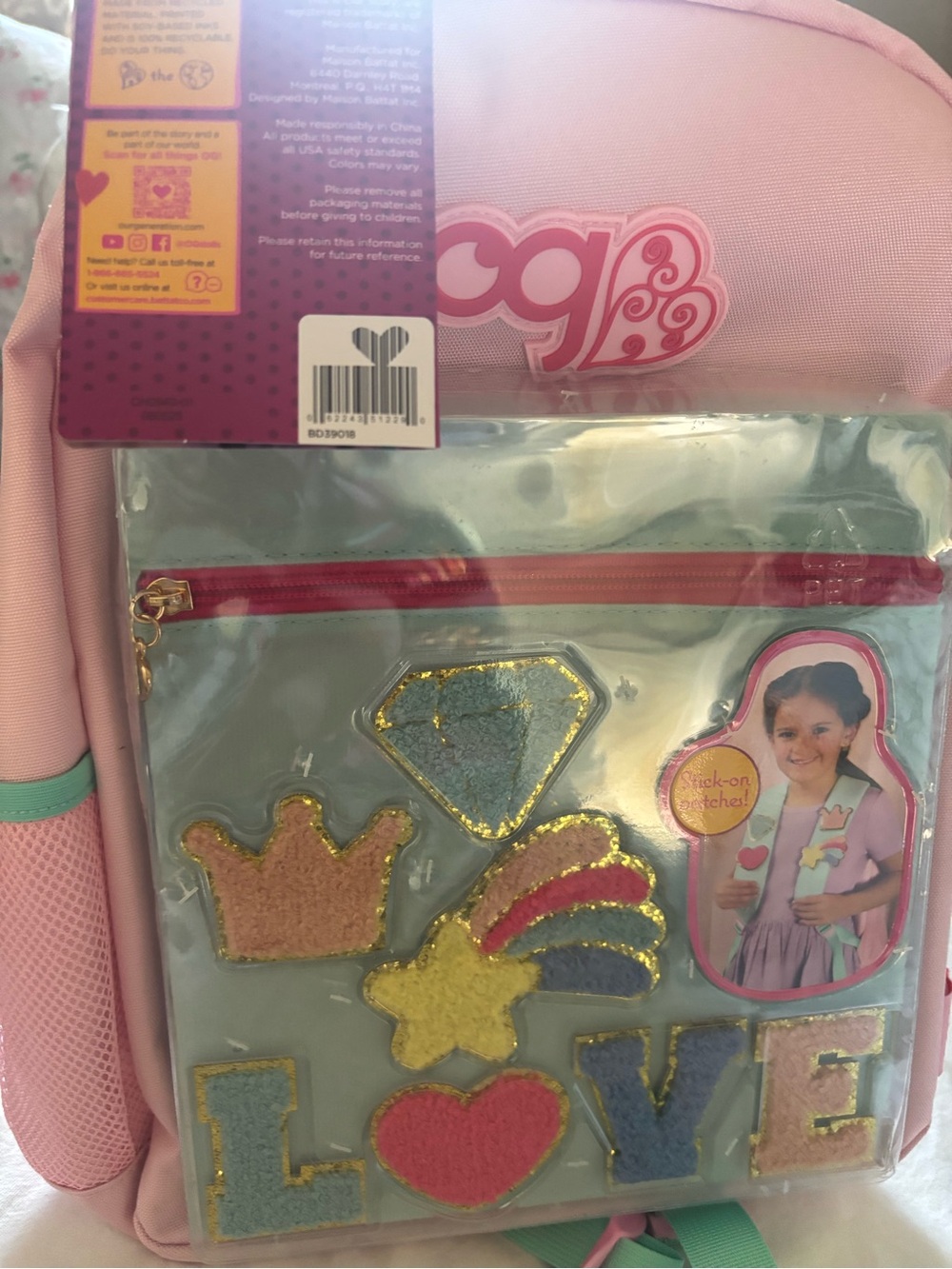 Kids Pink Backpack with Clear Sticker Pouch - LOVE Patch Design